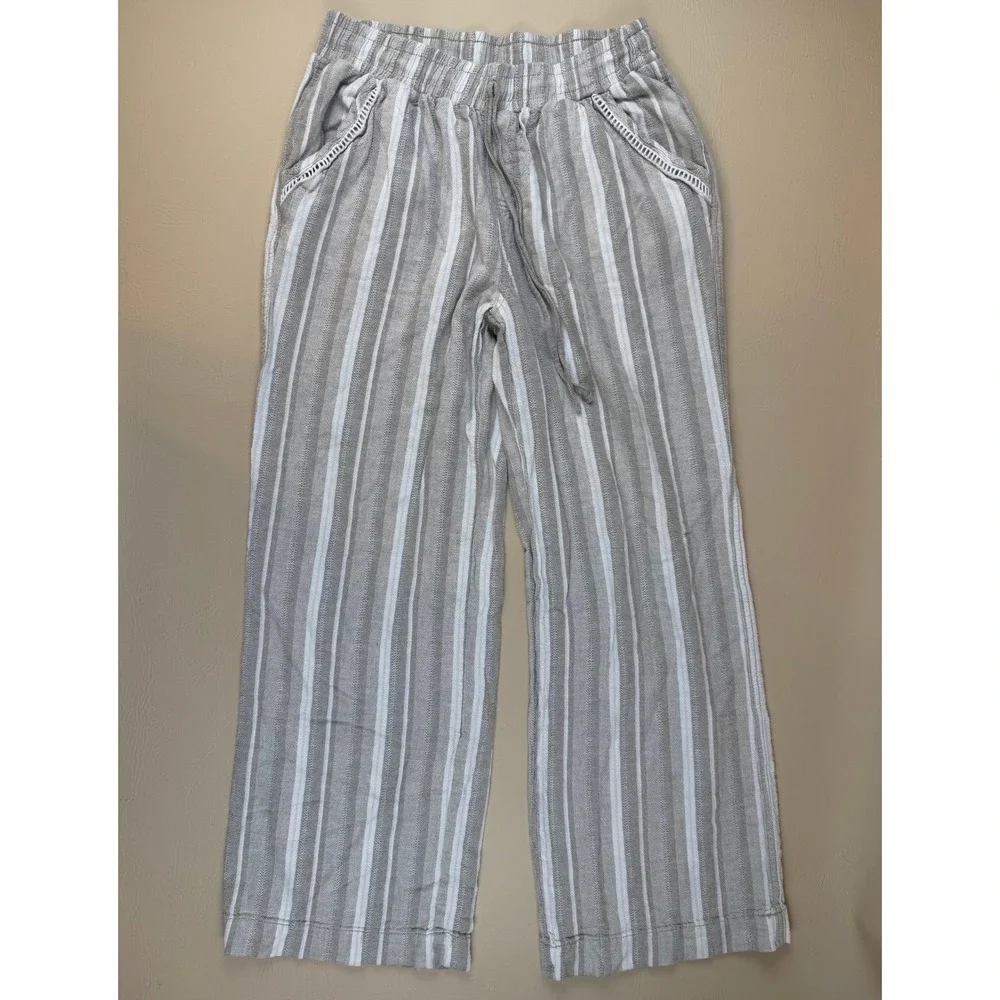 Coastal Striped Wide Leg Linen Blend Pants Crochet Trim M Briggs